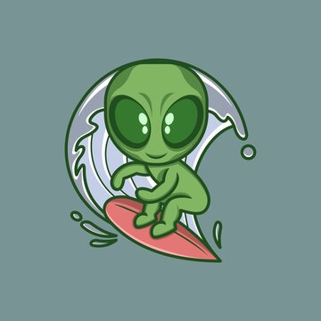 cute cartoon alien character surfing the waves. vector illustration for mascot logo or sticker