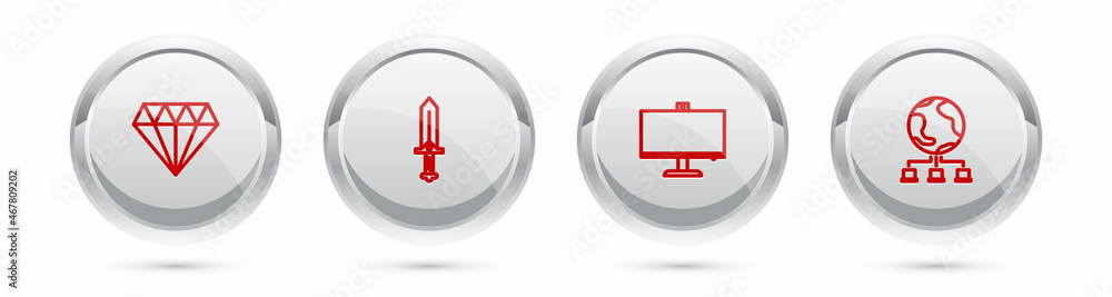 Poster set line diamond, sword for game, computer monitor and network. silver circle button. vector