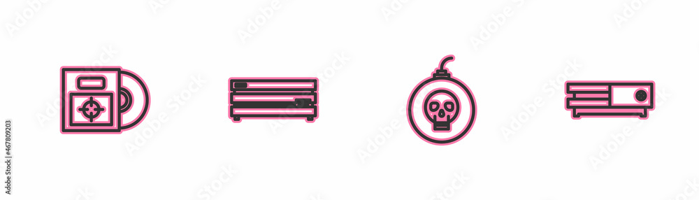 Aufkleber set line cd or dvd disk in box, bomb ready to explode, video game console and icon. vector