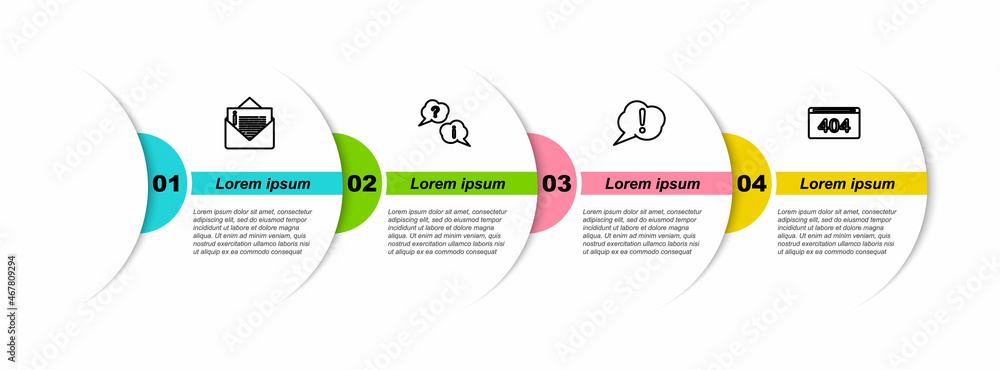 Aufkleber set line envelope, question and exclamation, speech bubble and page with 404 error. business infogra