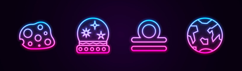 Set line Asteroid, Magic ball, Libra zodiac and Planet Earth. Glowing neon icon. Vector
