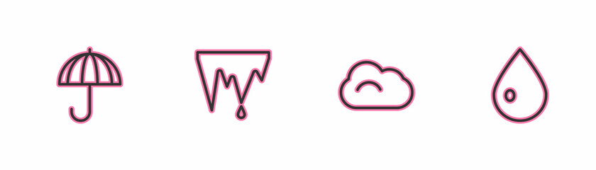 Set line Umbrella, Cloud, Icicle and Water drop icon. Vector