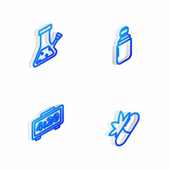 Set Isometric line Marijuana or cannabis olive oil, Glass bong for smoking, Digital alarm clock and Medical pills with marijuana icon. Vector