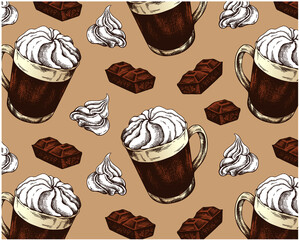 Sketch hand drawn pattern of hot cocoa with whipped cream isolated on brown background. Outline drawing hot chocolate wallpaper. Christmas cacao drink, winter cocktail, food menu. Vector illustration. - 467809477