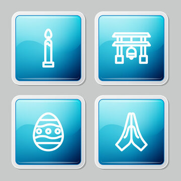 Set line Burning candle, Japan Gate, Easter egg and Hands praying position icon. Vector