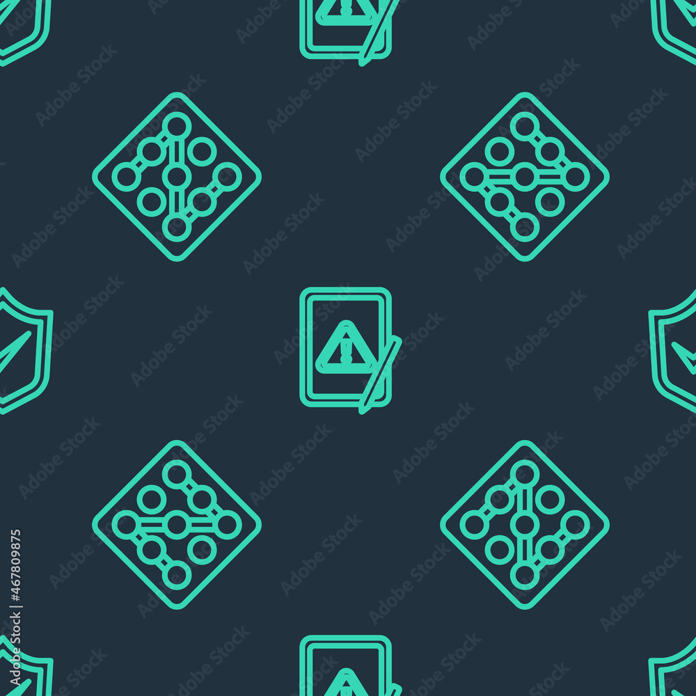 Poster set line tablet with exclamation mark, graphic password protection and shield check on seamless patt