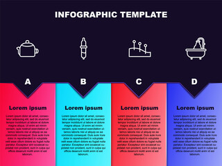 Set line Kettle with handle, Pipette, Acupuncture therapy and Bathtub. Business infographic template. Vector