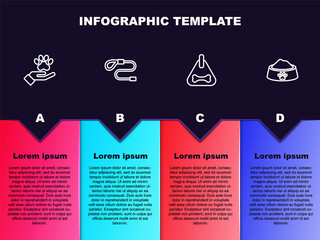 Set line Hands with animals footprint, Retractable cord leash, Dog collar and Pet food bowl. Business infographic template. Vector
