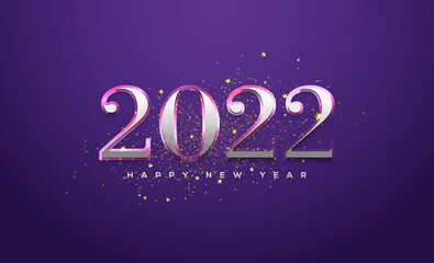 2022 Happy new year with classic 3d numbers on dark purple background.