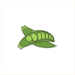 One continuous line drawing whole healthy organic green pea for farm logo identity. Fresh seed pod of pisum sativum concept vegetable icon. Modern single line draw design vector graphic illustration - obrazy, fototapety, plakaty