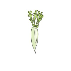 One single line drawing of whole healthy organic white radish for farm logo identity. Fresh Japanese daikon concept for vegetable icon. Modern continuous line draw design vector graphic illustration