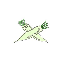 Single continuous line drawing of whole healthy organic white radish for farm logo identity. Fresh Japanese daikon concept for vegetable icon. Modern one line draw design graphic vector illustration