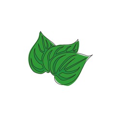 One single line drawing of pile healthy organic betel leaf for farm logo identity. Mouth freshener utility concept for plant icon. Modern continuous line draw design vector graphic illustration - obrazy, fototapety, plakaty