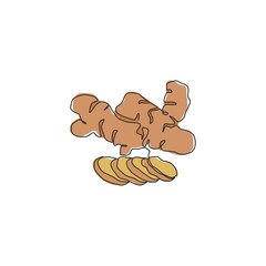 One continuous line drawing healthy organic ginger for farm logo identity. Fresh flowering plant rhizome concept herbaceous perennial icon. Modern single line draw design vector graphic illustration