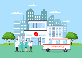 Fototapeta na wymiar Hospital Building for Healthcare Background Vector Illustration with, Ambulance Car, Doctor, Patient, Nurses and Medical Clinic Exterior