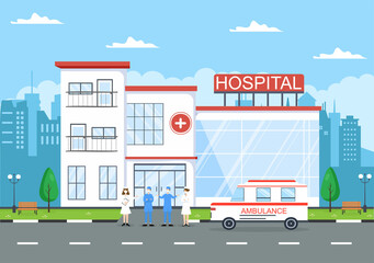 Fototapeta na wymiar Hospital Building for Healthcare Background Vector Illustration with, Ambulance Car, Doctor, Patient, Nurses and Medical Clinic Exterior
