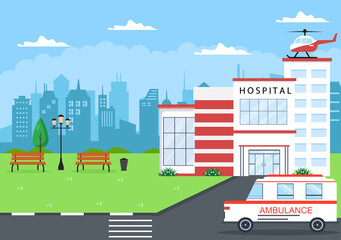 Hospital Building for Healthcare Background Vector Illustration with, Ambulance Car, Doctor, Patient, Nurses and Medical Clinic Exterior