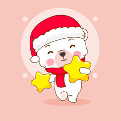 Cute Polar bear holding christmas stars with santa hat cartoon illustration