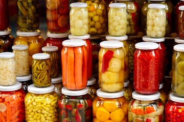 Organic preserved vegetable in a glass jars.