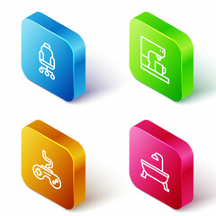 Set Isometric line Office chair, Coffee machine, Gamepad and Bathtub icon. Vector