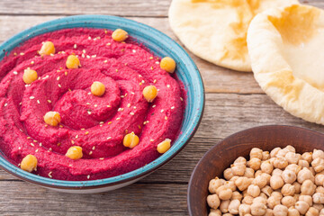 Declicious food from chickpea - beetroot hummus