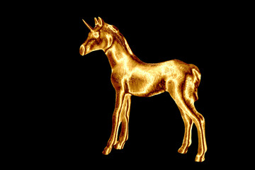 golden, young unicorn with preservation of metal texture. isolated on black background
