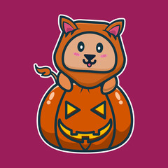 vector illustration of lion 
on the big pumpkin