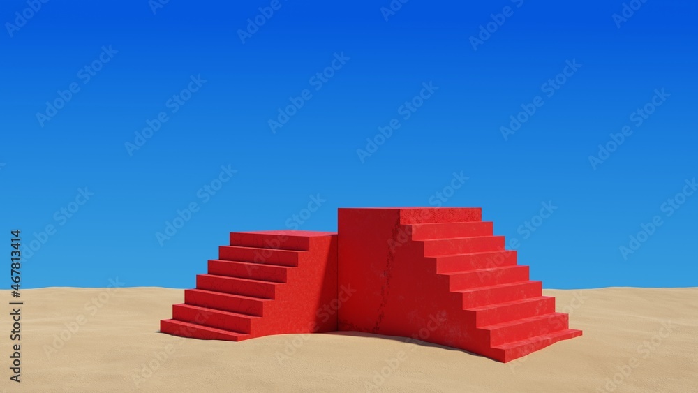 Poster red concrete staircases on sand dunes.surreal desert landscape minimal abstract background.3d render