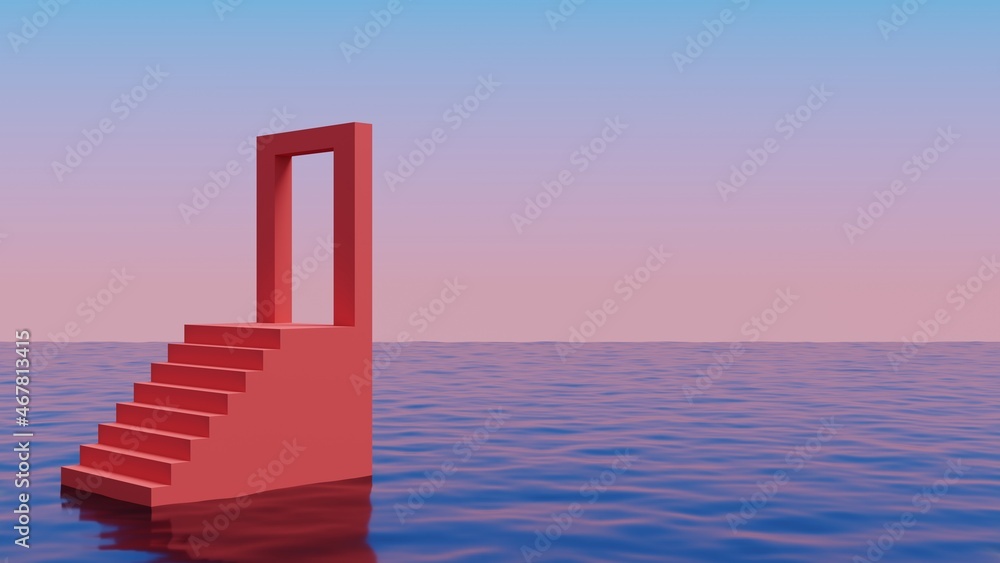 Poster Red staircase with portal gate floating above the ocean.Abstract minimal surreal background.3d rendering illustration.