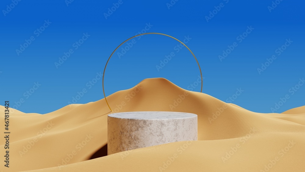 Aufkleber stone cylinder podium with golden round frame on a desert landscape.product display plateform templa