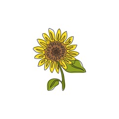 One continuous line drawing of beauty fresh sunflower for park logo. Printable poster decorative helianthus spring flower concept home wall decor. Modern single line draw design vector illustration