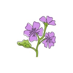 Single continuous line drawing beauty fresh purple mallow for home decor wall art poster. decorative malvasylvestris flower concept for greeting card ornament. One line draw design vector illustration