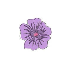 Single one line drawing beauty fresh purple mallow for garden logo. Printable decorative malva sylvestris flower for home decor wall art poster. Modern continuous line draw design vector illustration © Simple Line