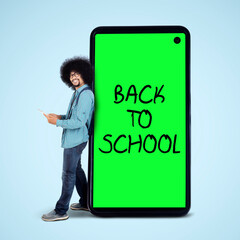 Male Afro student stand with back to school text