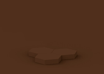 3d brown dark hexagon podium minimal studio background. Abstract 3d geometric shape object illustration render. Display for cosmetics beauty and fashion product. Food and drink Concept.