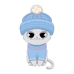 Uroczy mały kotek w wełnianej czapce z pomponem i błękitnym ciepłym sweterku. Wektorowa ilustracja siedzącego kota. Kot w niebieskim ubraniu gotowy na zimę i śnieg. Kotek z niezadowoloną miną. - obrazy, fototapety, plakaty