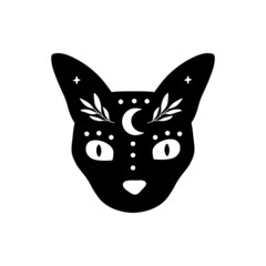 Mystical moon cat. Black celestial animal vector illustration. Esoteric concept with crescent moon. Boho modern poster, witchy card, magical t-shirt print. Witchcraft symbol.