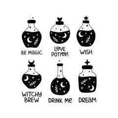 Bottle silhouette with magic elixir or poison collection. Mystic jar vector illustration. Esoteric alchemy design element. Witch brew poster with moon, stars. Hand-drawn witchcraft symbol on white.