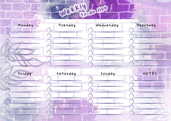 Watercolor week to do list. Watercolour gray, violet, purple and white brick wall textured Background