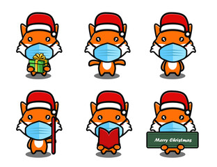 cute animal wearing christmas hat cartoon set