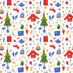 Fototapeta na wymiar Seamless New Year pattern with fir tree, sweater, gifts, wreath, snowman, garland and Christmas decor. Vector illustration in cartoon childish style.