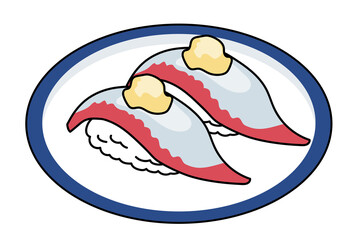 お皿　主線アリ　シンプル漫画　寿司・鮨のイラスト｜鯵アジの握り寿司のイラスト