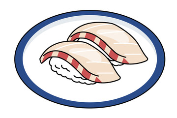 お皿　主線アリ　シンプル漫画　寿司・鮨のイラスト｜鯛タイの握り寿司のイラスト