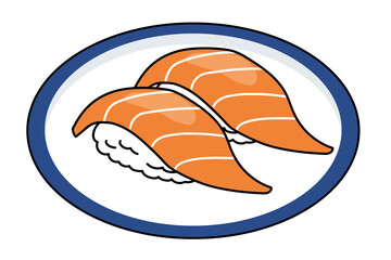 お皿　主線アリ　シンプル漫画　寿司・鮨のイラスト｜鮭・サーモンの握り寿司のイラスト