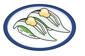 お皿　主線アリ　シンプル漫画　寿司・鮨のイラスト｜イカ烏賊の握り寿司のイラスト