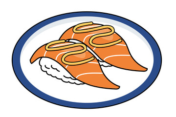 お皿　主線アリ　シンプル漫画　寿司・鮨のイラスト｜鮭・サーモンチーズの握り寿司のイラスト