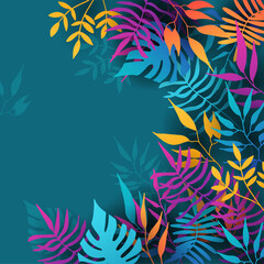 Fototapeta na wymiar Floral background vector. Vibrant gradient color texture, flower and botanical leaves hand drawing. Abstract art design for wallpaper, wall arts, cover, wedding and invite card.