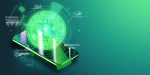 Creative background, bitcoin coin in a smartphone with analytics data, electronic money. Blockchain transfer concept, cryptocurrency, data encryption. Mixed media. 3D render, 3D illustration.