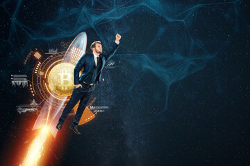 Creative background, bitcoin coin price increases, rocket flying, electronic money. Blockchain transfer concept, cryptocurrency, data encryption. Mixed media.