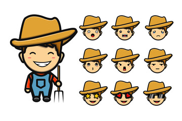 set of cute farmer in many expression